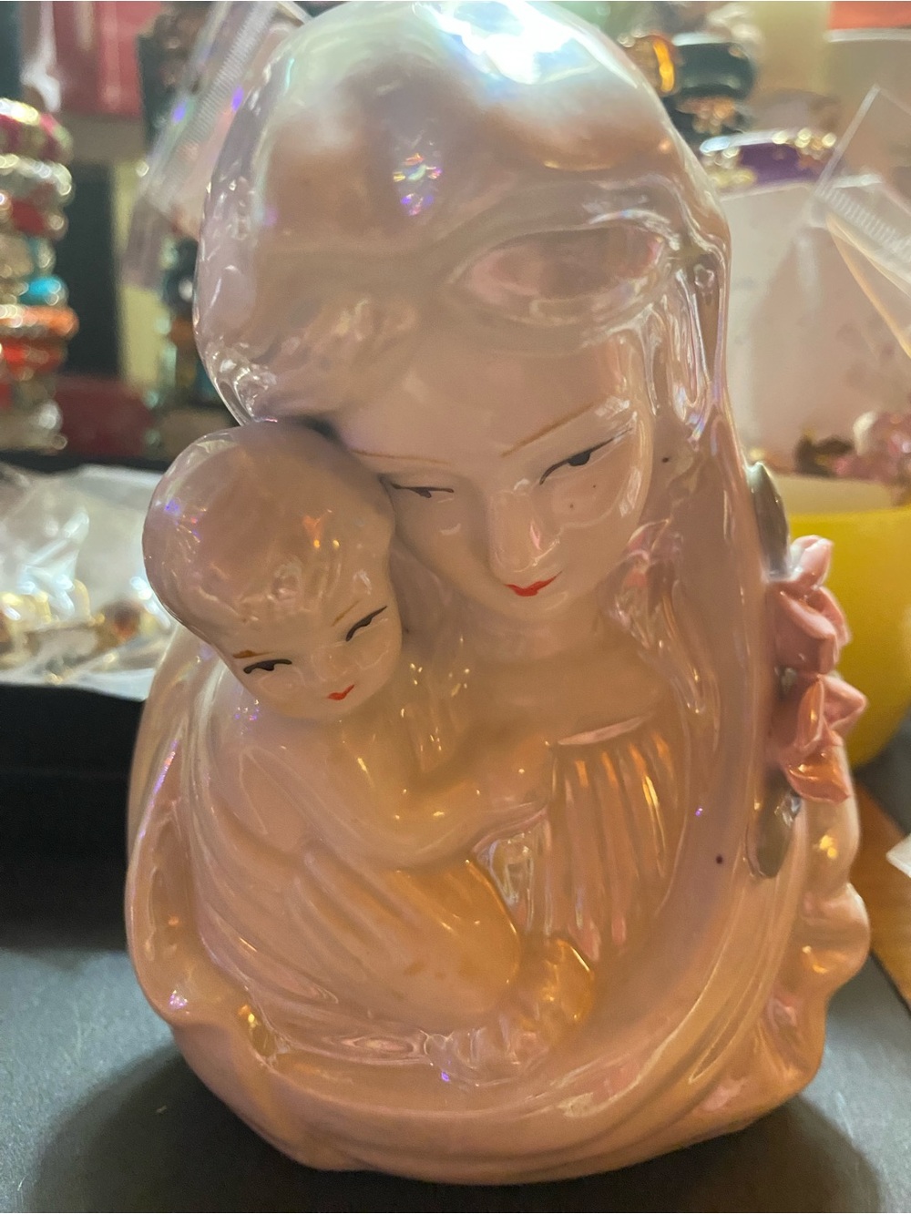 Porcelain Madonna and Child Figurine - Soft Pink Ceramic Sculpture